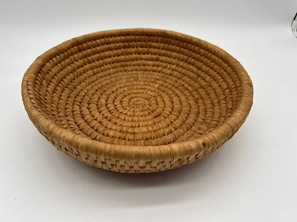 Vintage Coiled Shallow Basket Tan Brown Home Decor Large Round Woven Bowl - 12